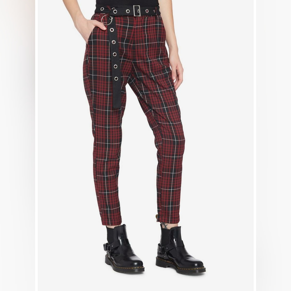 Hot Topic merlot red plaid grommet belt pants size xs